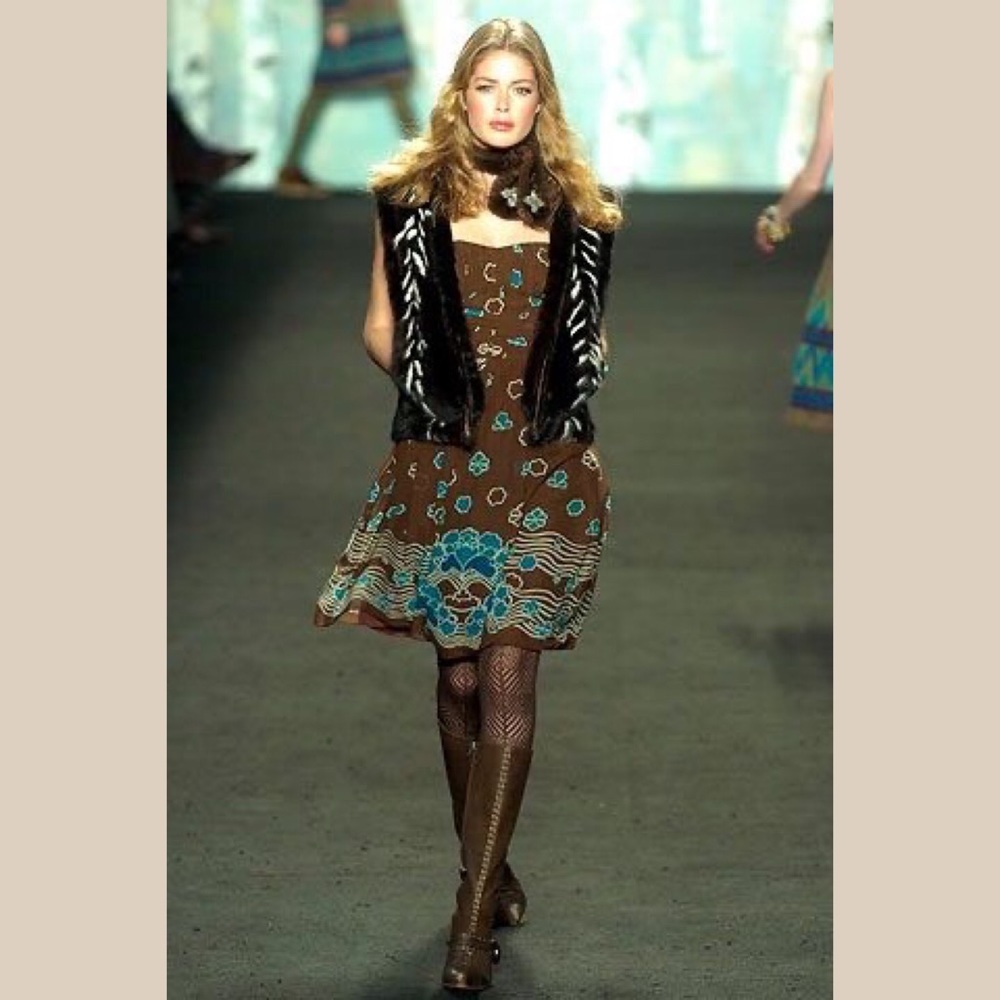 Anna Sui Runway Look Silk Dress Brown and Teal Strapless Pleated Top Size 6